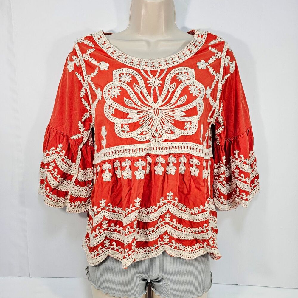 Ana & Rose Peasant Blouse Embroidered Crochet Scalloped Floral Orange White M